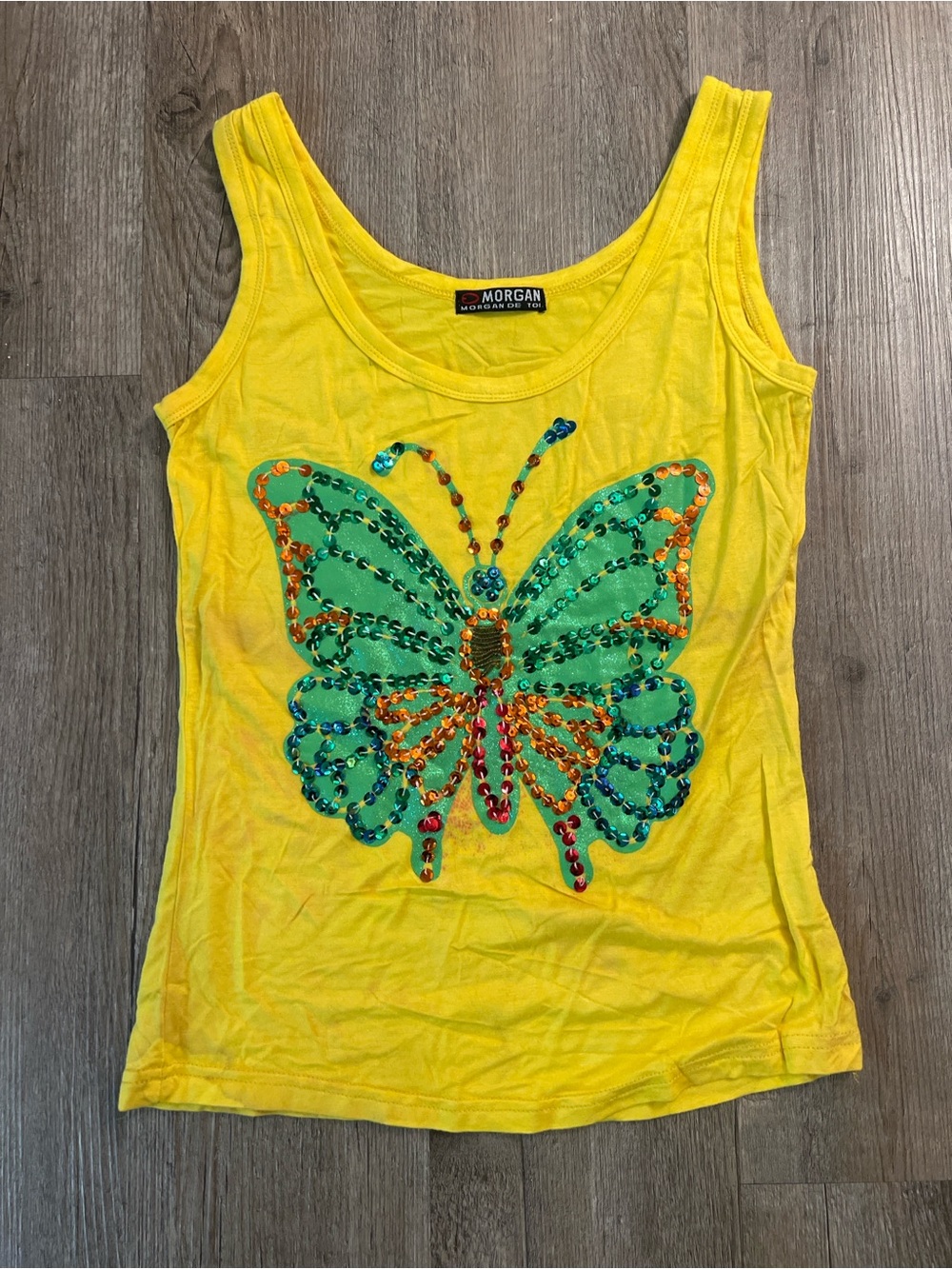 Morgane de Toi Yellow Butterfly Y2K Sequin Graphic Tank Top Fits Small